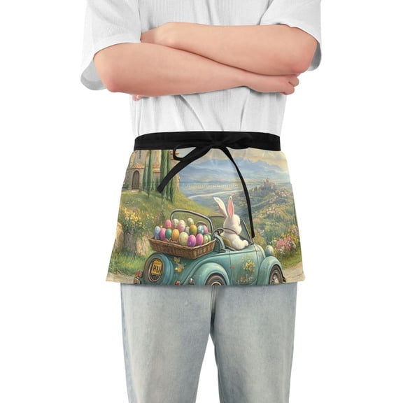 Easter Rabbit Driving with Eggs Short Server Apron with 3 Pockets for Unisex Chef Gardening