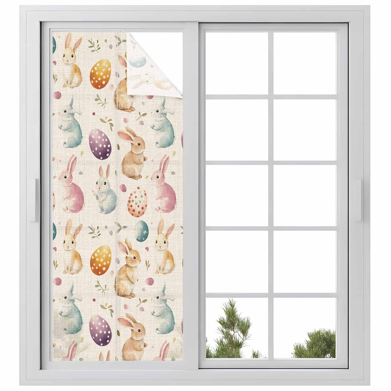 Easter Rabbit Egg Window Privacy Film, Leaf Floral Frosted Glass Window Clings Static Cling UV Heat Blocking Reusable Door Sticker for Bathroom 23.6 x 59 Inch