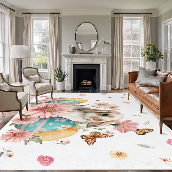Easter Rabbit Eggs Area Rugs 6'x9', Small Throw Rugs for Kitchen Dining room, Spring Pink Daisy Flowers Butterfly Pastoral Indoor Outdoor Rug Non-Slip Low Pile Carpet Runner Reversible Floor Mats