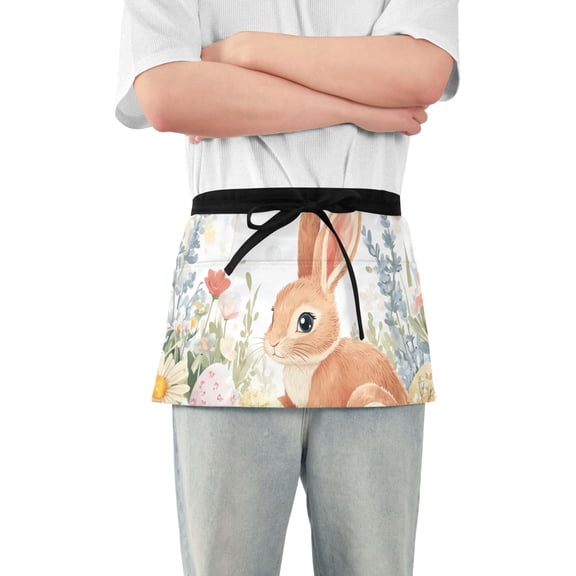Easter Rabbit Eggs Florals Short Server Apron with 3 Pockets for Unisex Chef Gardening