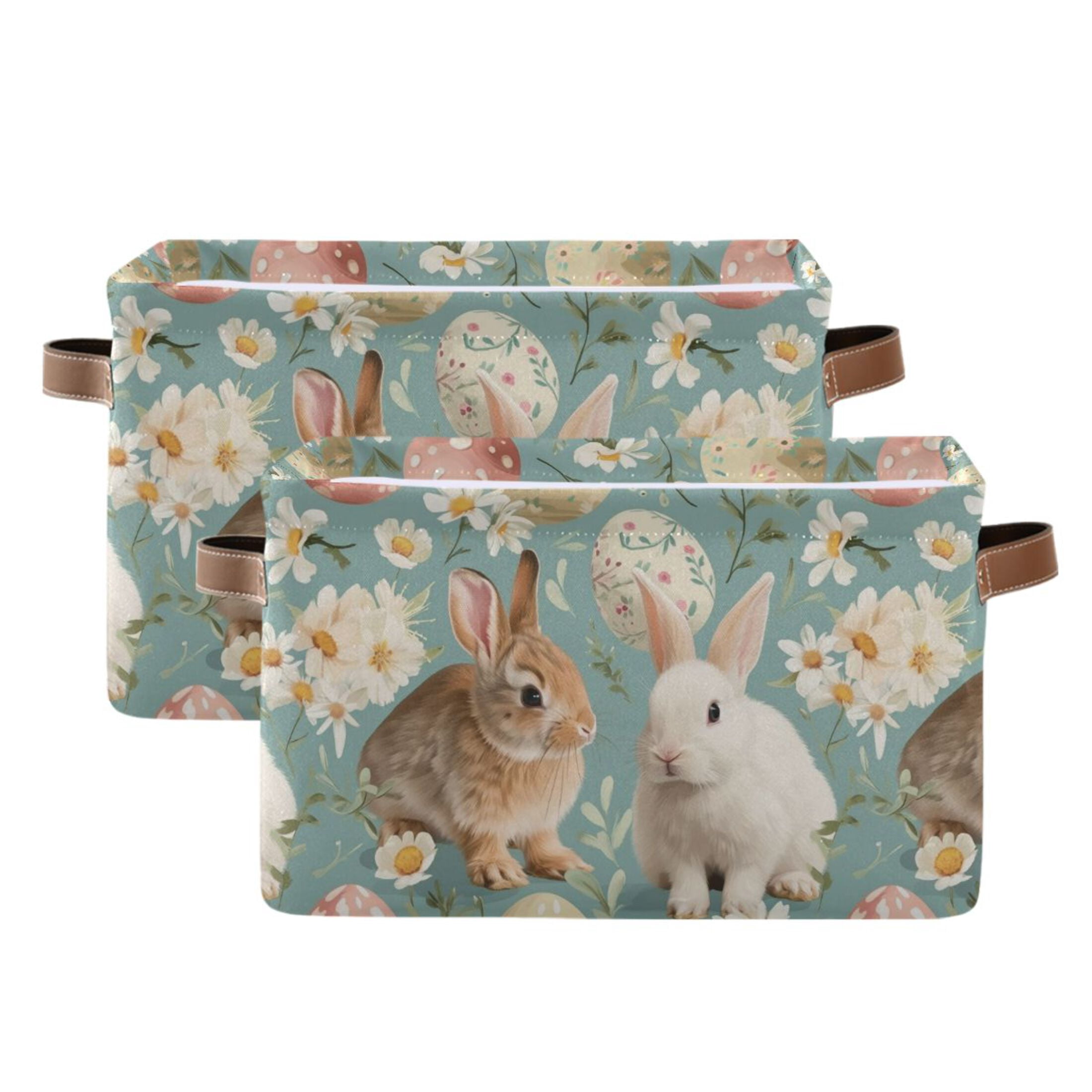 Easter Rabbit Eggs Flower Storage Bins with Handle Fabric Organizer Basket Foldable Box 2 Pack 14.2x10.2x8.3