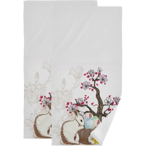 Easter Rabbit Eggs Hand Towels 2 PCS, Spring Magnolia Tree Kitchen Towel Ultra Soft and Highly Absorbent,Decorative Fingertip Face Towel for Bathroom Hotel, 28.3"x14.4"