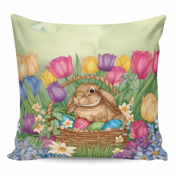 Easter Rabbit Eggs Pillow Covers 20x20 Inch Decorative Throw Pillow Cover, Spring Tulips Floral Green Leaves Pastoral Sofa Pillowcases Accent Cushion Case Home Decor Bedroom Living Room