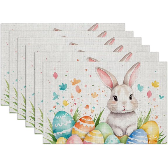 Easter Rabbit Eggs Placemats Set of 6, Washable Linen Place Mat Heat Resistant Non Slip Kitchen Dining Table Mats 12x18 Inch