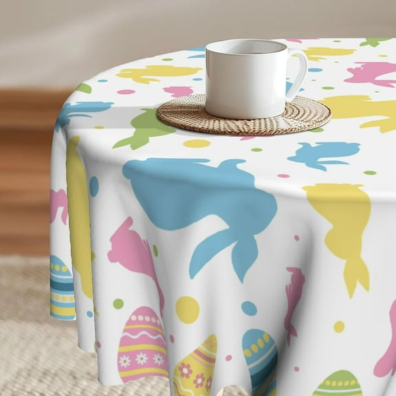 Easter Rabbit Eggs Round Tablecloth Colorful Easter Poses Jumping Running Bunnies Circle Table Cloth Cover 60 Inch Washable Reusable Table Cover for Dining Kitchen Party Decoration