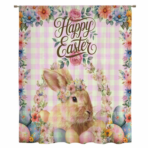 Easter Rabbit Eggs Sheer Curtains 45 Inches Long, Spring Flowers Leaves Pastoral Pink Laid Light Filering Curtains, Breathable Simi Curtain Privacy Drapes for Kitchen Bathroom Small Window Treatment