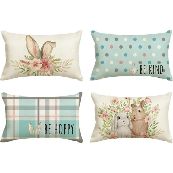 Easter Rabbit Flower Buffalo Plaid Be Hoppy Throw Pillow Cover, 18 x 18 Inch Polka Dot Bird Be Kind Cushion Case Decoration for Sofa Couch Set of 4