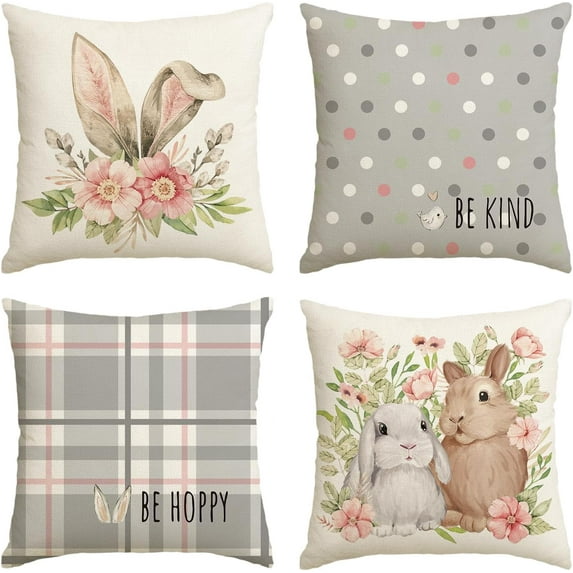 Easter Rabbit Flower Buffalo Plaid Be Hoppy Gray Throw Pillow Cover, 18 x 18 Inch Polka Dot Bird Be Kind Cushion Case Decoration for Sofa Couch Set of 4