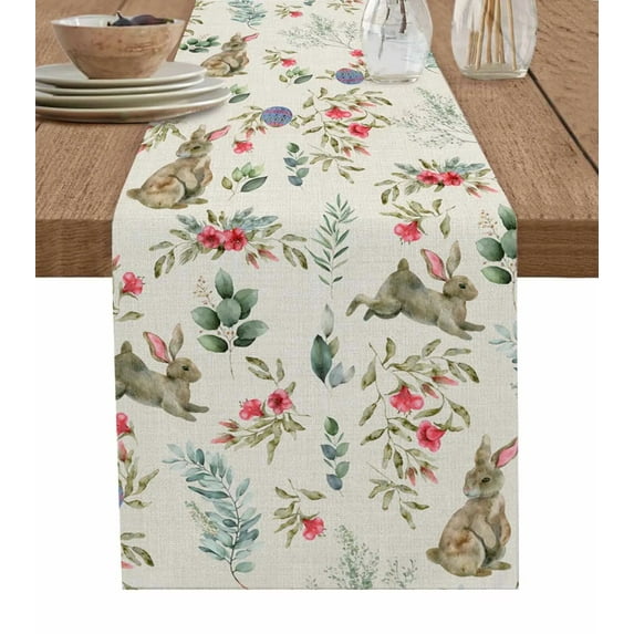 Easter Rabbit Flower Plant Leaf Easter Egg Table Runner For Kitchen Table Cover Home Decor Tablecloth 4/6 Pcs Placemats