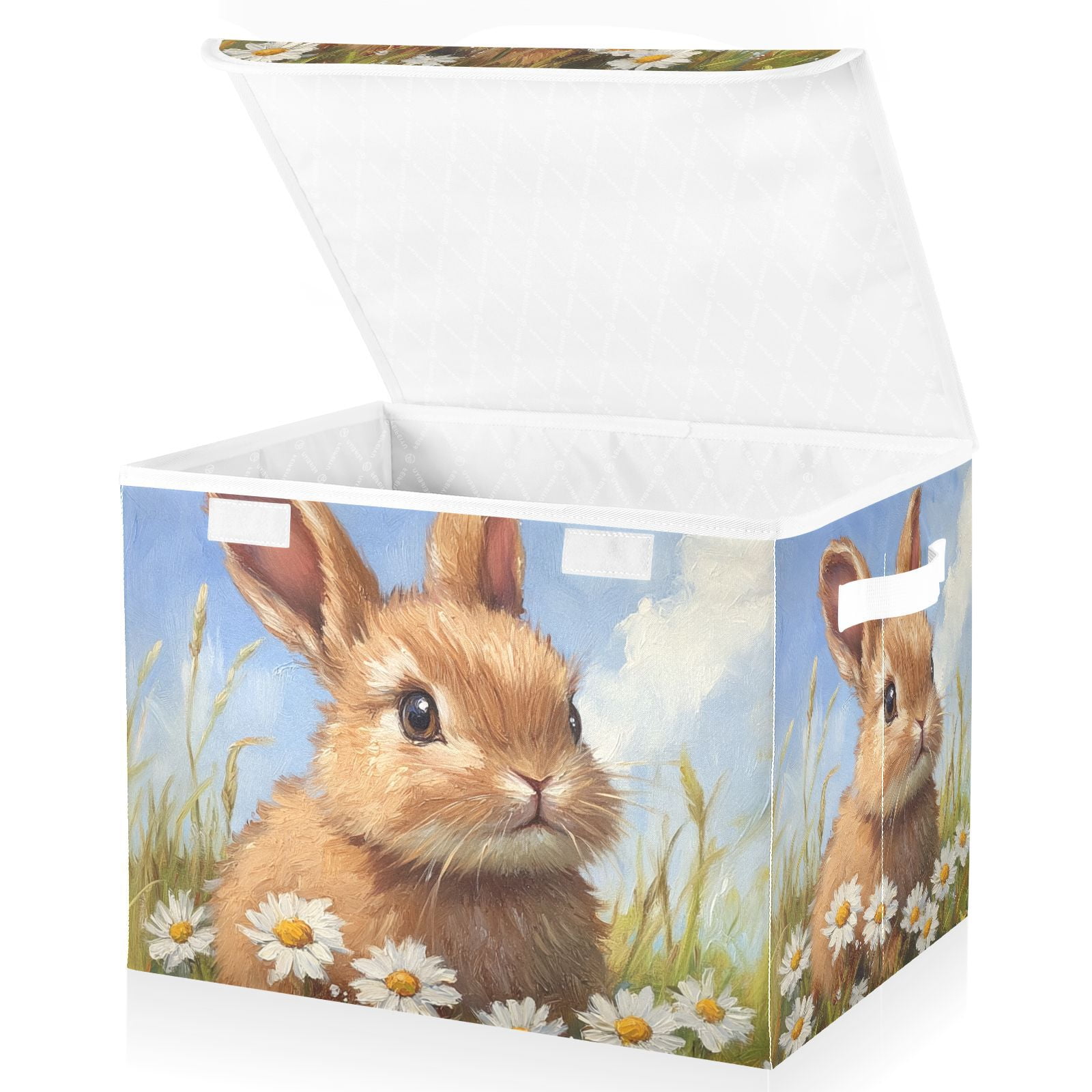 Easter Rabbit Flowers Daisy Storage Basket for Shelves Foldable Container Organizer for Organizing Toys Clothes Books with Handles