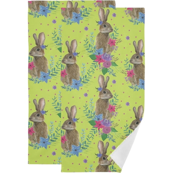 Easter Rabbit Flowers Hand Towels 2 PCS, Spring Rabbit Floral Kitchen Towel Ultra Soft and Highly Absorbent,Decorative Fingertip Face Towel for Bathroom Hotel, 28.3"x14.4"