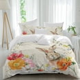 thumbnail image 1 of Easter Rabbit Full Size Comforter Set, Spring Red Orange Pink Floral Plant Newspaper Texture Bedding for All Seasons, 4 Pcs Bed Set, 1Quiltcover (86"x86") ,1Sheet(80"x116"), 2Pillowcases (30"x20"), 1 of 11