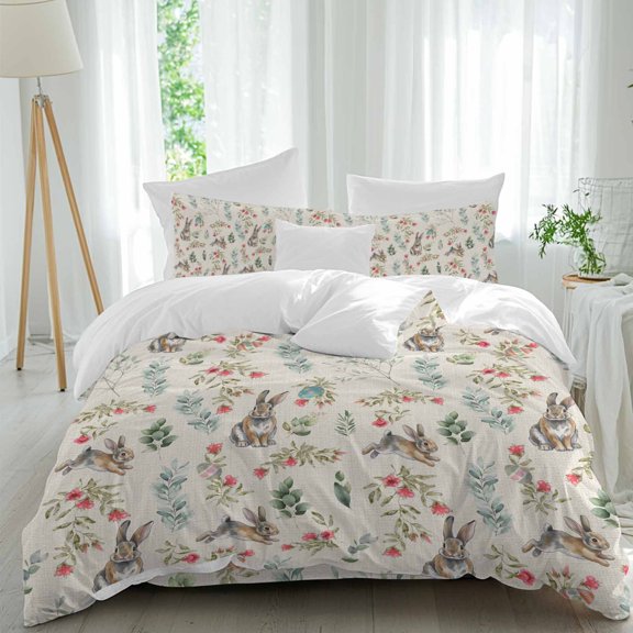 Easter Rabbit Full Size Comforter Set, Vintage Red Flowers Eucalyptus Leaves Spring Bedding for All Seasons, 4 Pcs Bed Set, 1Quiltcover (86"x86") ,1Sheet(80"x116"), 2Pillowcases (30"x20")