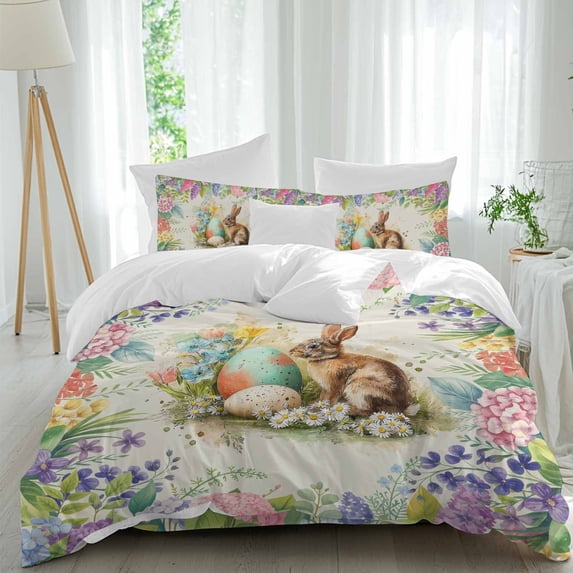 Easter Rabbit Full Size Comforter Set, Vintage Spring Floral Leaf Watercolor Bunny Eggs Beige Bedding for All Seasons, 4 Pcs Bed Set, 1Quiltcover (86"x86") ,1Sheet(80"x116"), 2Pillowcases (30"x20")