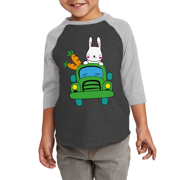 Easter Rabbit Green Car Graphic Toddler Raglan - Happy Easter Day Tshirt for Kids - Christian Shirt Gifts