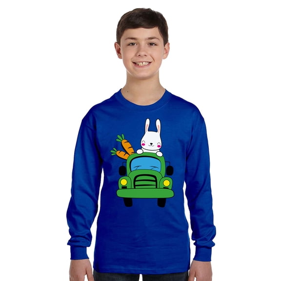 Easter Rabbit Green Car Long Sleeve Shirts for Kids - Youth XS S M L XL - Happy Easter Holiday Christian Tee for Boys for Girls