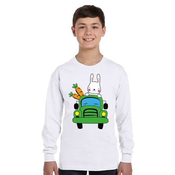 Easter Rabbit Green Car Long Sleeve Shirts for Kids - Youth XS S M L XL - Happy Easter Holiday Christian Tee for Boys for Girls