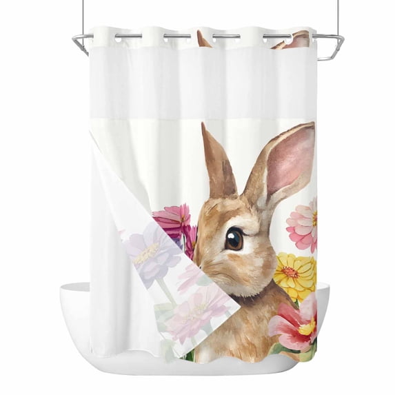 Easter Rabbit No Hooks Shower Curtain with Snap-in Liner Pink Purple Yellow Flower Daisy Spring Shower Curtains for Bathroom, Waterproof, Easy Install, Washable 72"x96"