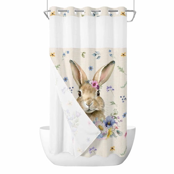 Easter Rabbit No Hooks Shower Curtain with Snap-in Liner Spring Blue Purple Pink Floral Leaf Plant Linen Texture Shower Curtains for Bathroom, Waterproof, Easy Install, Washable 54"x78"