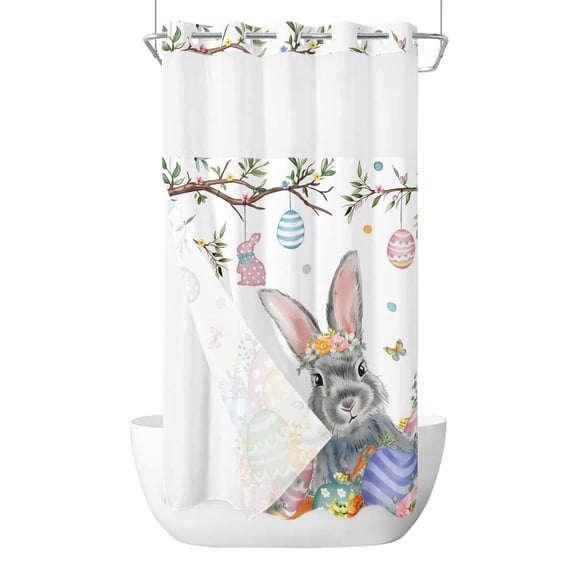 Easter Rabbit No Hooks Shower Curtain with Snap-in Liner Spring Floral Colored Eggs Branches Butterfly Shower Curtains for Bathroom, Waterproof, Easy Install, Washable 36"x78"