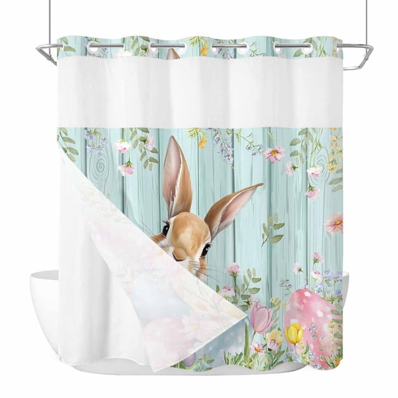 Easter Rabbit No Hooks Shower Curtain with Snap-in Liner Spring Floral Colored Eggs Green Wood Stripes Shower Curtains for Bathroom, Waterproof, Easy Install, Washable 72"x72"