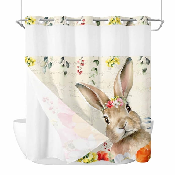 Easter Rabbit No Hooks Shower Curtain with Snap-in Liner Watercolor Spring Flowers Leaf Vintage Newspaper Texture Shower Curtains for Bathroom, Waterproof, Easy Install, Washable 72"x72"