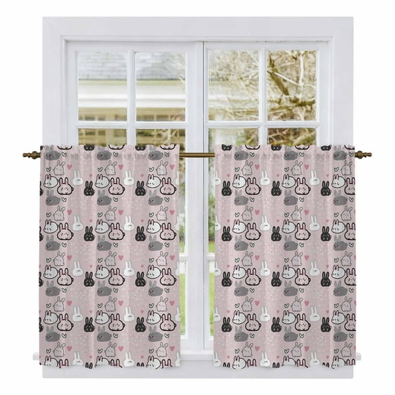 Easter Rabbit Kitchen Curtain for Berdoom Living Room Cafe 45 Inch Length, Cartoon Cute Bunny Sketch on Pink Tiers Curtains Light Filtering Drapes Rod Pocket Window Treatment 2 Panels 52"Wx45"L