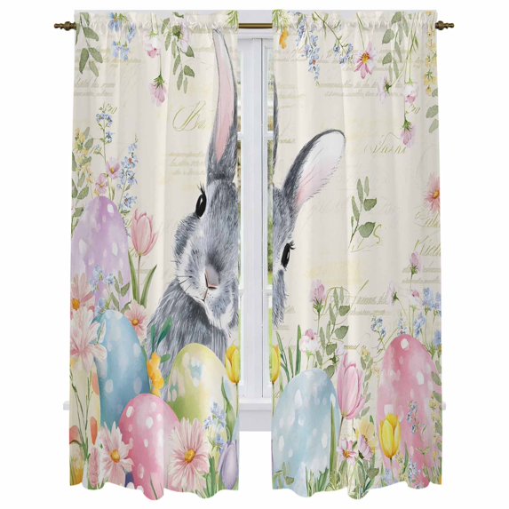 Easter Rabbit Kitchen Curtain for Berdoom Living Room Cafe 72 Inch Length, Spring Colorful Eggs Wildflowers Leaves Tiers Curtains Light Filtering Drapes Rod Pocket Window Treatment 2 Panels 52"Wx72"L