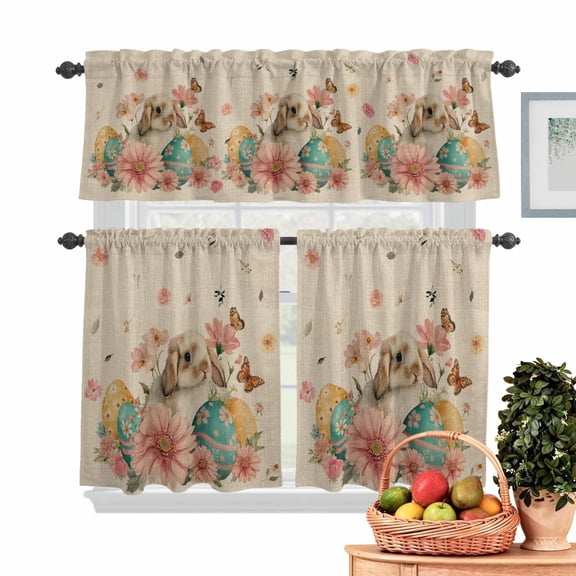 Easter Rabbit Kitchen Curtains Valances 3 Piece Set, Watercolor Eggs Pink Floral Butterfly Linen Texture Rod Pocket Tier Curtain and Valance Drapes for Small Window 24 Inch Length for Bedroom Cafe