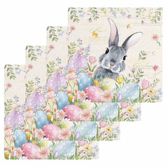 Easter Rabbit Kitchen Dish Towels for Drying Dishes Set of 4, Spring Colorful Eggs Wildflowers Leaves Waffle Weave Microfiber Hand Tea Bathroom Towels Quick Dry & Absorbent Towel 12x12