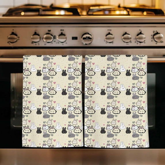 Easter Rabbit Kitchen Towels Set of 4, Cartoon Cute Bunny Sketch on Yellow Absorbent Dish Towels for Kitchen, Microfiber Hand Towel, Quick Drying Tea Towel for Cleaning Decorative Dishcloths