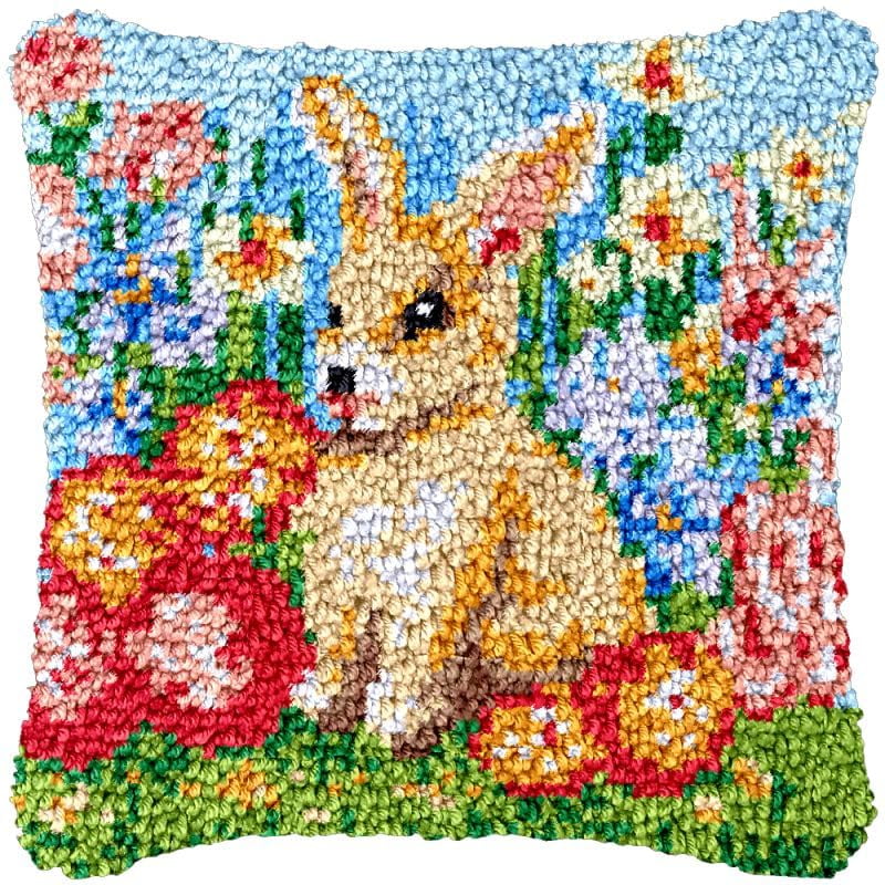 Easter Rabbit Latch Hook Pillow Cover Kits for Needlework Cushion Throw Pillow Cross Stitch Crochet Hook Pillowcase Rug Kits Printed Canvas Crochet Yarn Kits Needlework 17'' X 17''