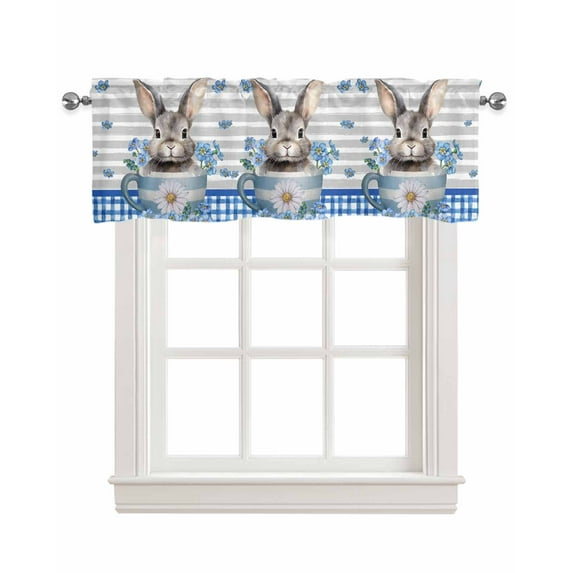 Easter Rabbit Linen Curtain Valance for Bedroom/Bathroom/Kitchen/Office/Living/Dining Room Windows, Blue Flower Grey White Stripes Retro Lattice Rod Pocket Topper Decorative Cafe Drapes Panel 42"x18"