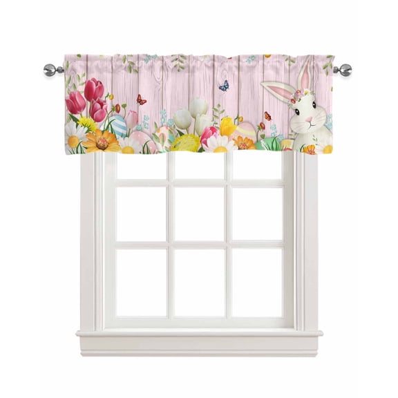 Easter Rabbit Linen Curtain Valance for Bedroom/Bathroom/Kitchen/Office/Living/Dining Room Window,Eucalyptus Leaves Eggs Farmhouse Flower Pink Rod Pocket Topper Decorative Cafe Drapes Panel 54"x18"