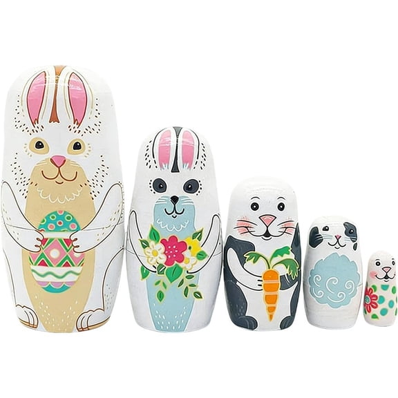 Easter Rabbit Nesting Dolls Hand-Painted Wooden Animal Set 5-Piece