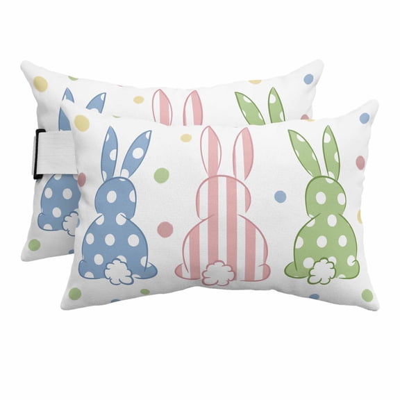 Easter Rabbit Outdoor Pillows for Chaise Lounge Chair Beach Headrest Pillow Set of 2 Waterproof Lumbar Pillows with Insert&Strap Pink Blue Green Bunny Spring Polka Dots Pillow for Patio Pool 12"x20"
