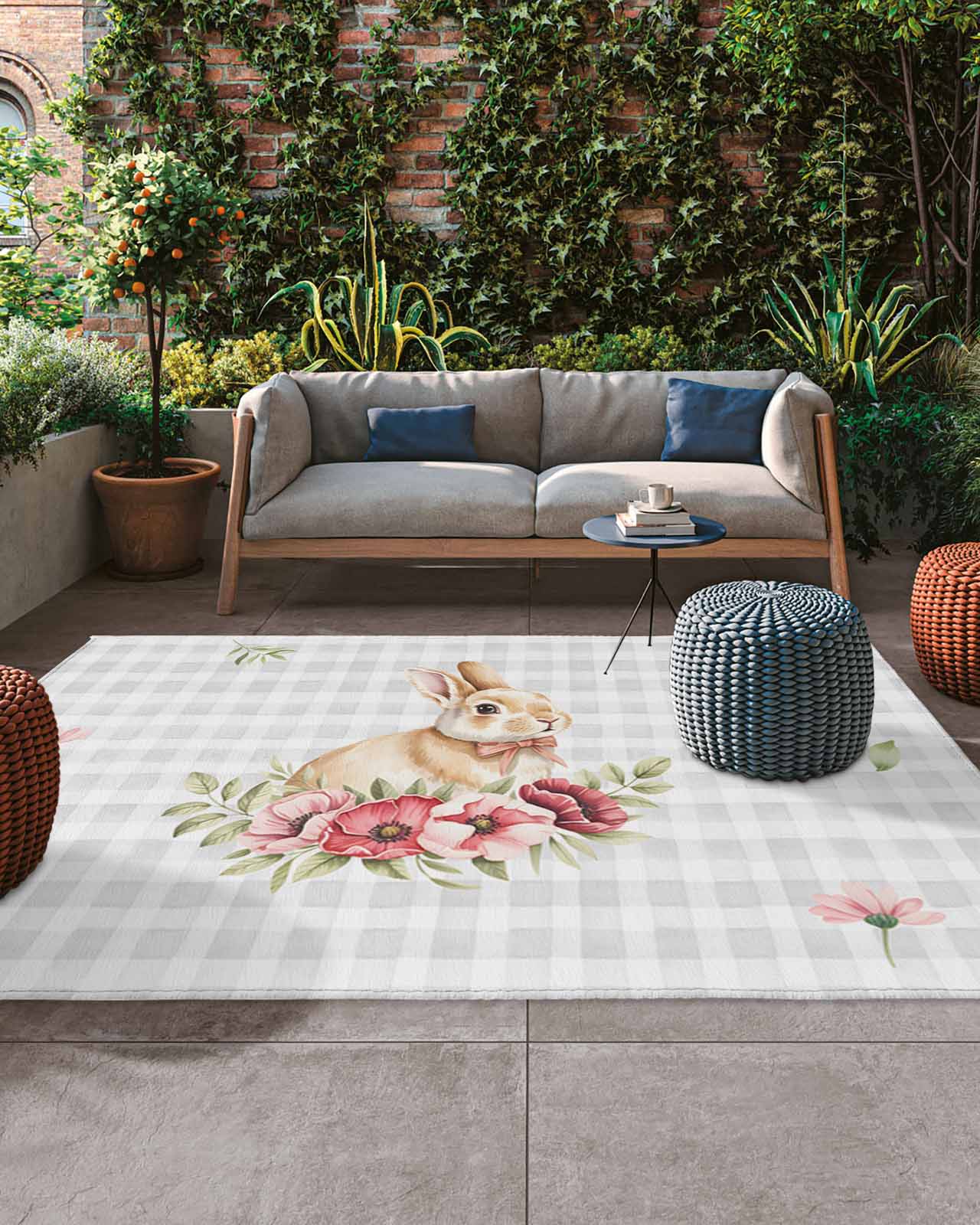 Pink Easter Rug Easter Rabbit Outdoor Rug, Watercolor Spring Pink Red Floral Falling ...