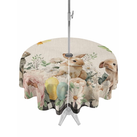 Easter Rabbit Outdoor Tablecloth - 54 Inch Round Dining Table Cover, Farmhouse Spring Botanical Flowers Eggs Grid Waterproof Outdoor Table Cloth with Umbrella Hole & Zipper for Picnic/Patio/Party