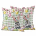 thumbnail image 1 of Easter Rabbit Pillow Covers 2 Pack Colored Eggs Cute Bunny Spring Flowers Green Plaid Pillowcase Waterproof Outdoor Throw Pillow Cover for Patio Garden Square Cushion 24”x24”, 1 of 9
