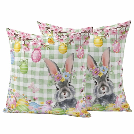 Easter Rabbit Pillow Covers 2 Pack Colored Eggs Cute Bunny Spring Flowers Green Plaid Pillowcase Waterproof Outdoor Throw Pillow Cover for Patio Garden Square Cushion 24”x24”