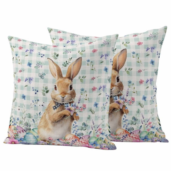 Easter Rabbit Pillow Covers 2 Pack Spring Colorful Botanical Flowers Leaves Eggs Rustic Blue Plaid Pillowcase Waterproof Outdoor Throw Pillow Cover for Patio Garden Square Cushion 24”x24”