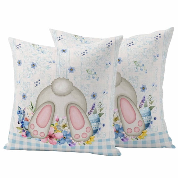 Easter Rabbit Pillow Covers 2 Pack Spring Pink Blue Flowers Egg Bunny Tail Blue Plaid Floral Texture Pillowcase Waterproof Outdoor Throw Pillow Cover for Patio Garden Square Cushion 24”x24”