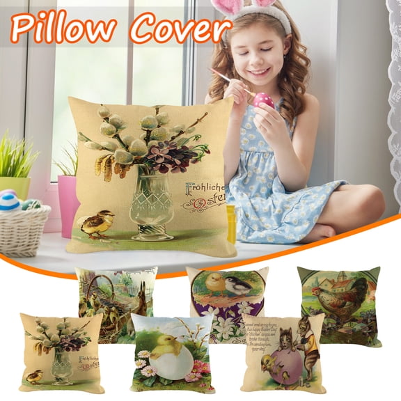 Easter Rabbit Pillow Covers Farmhouse Retro Postcards Easter Egg Rabbit Bunny Violet Hydrangea Floral Dragonfly Pillow Cases Throw Cushion Cover for Home Sofa Office