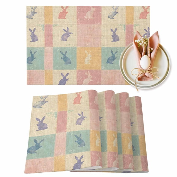 Easter Rabbit Placemats Set of 1, Retro Watercolor Rabbit Heat Insulated Linen Place Mats, Washable Stain-Proof Table Mats for Dining Tables Holiday Decor 13x19 Inches