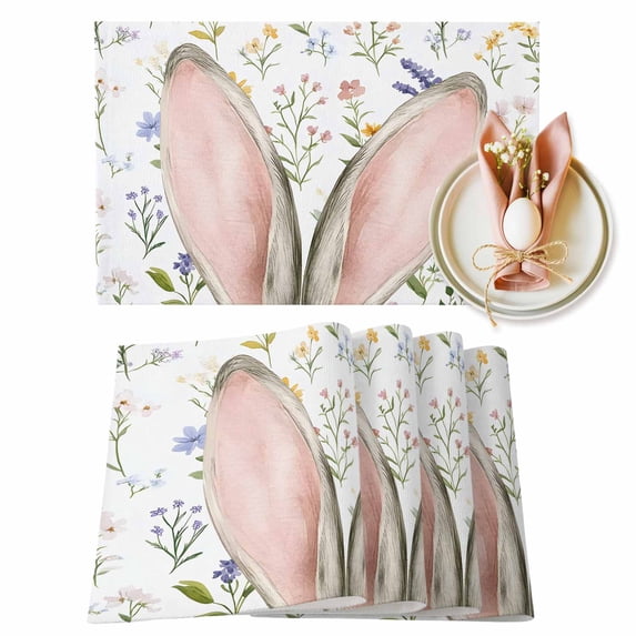 Easter Rabbit Placemats Set of 1, Spring Flowers Pink Ears Heat Insulated Linen Place Mats, Washable Stain-Proof Table Mats for Dining Tables Holiday Decor 13x19 Inches