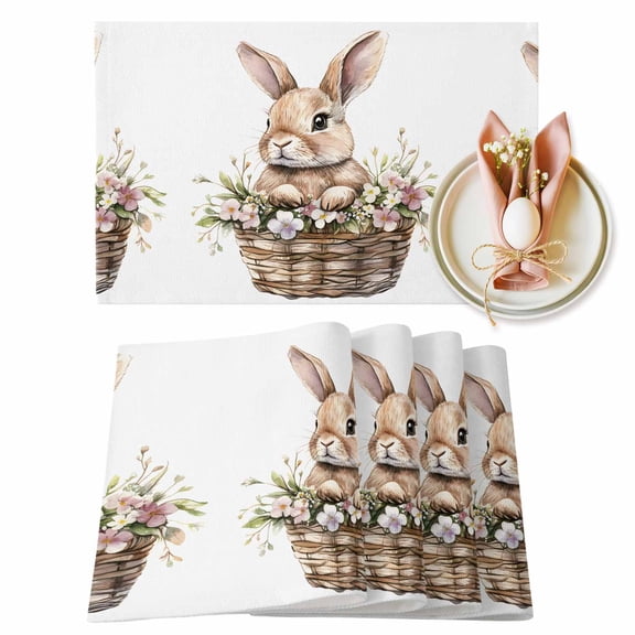 Easter Rabbit Placemats Set of 1, Watercolor Cute Basket Bunny Spring Pink White Floral Leaf Heat Insulated Linen Place Mats, Washable Stain-Proof Table Mats for Dining Table Holiday Decor 13x19 Inch