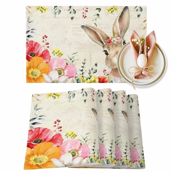 Easter Rabbit Placemats Set of 1, Watercolor Spring Flowers Leaf Vintage Newspaper Texture Heat Insulated Linen Place Mats, Washable Stain-Proof Table Mats for Dining Table Holiday Decor 13x19 Inches