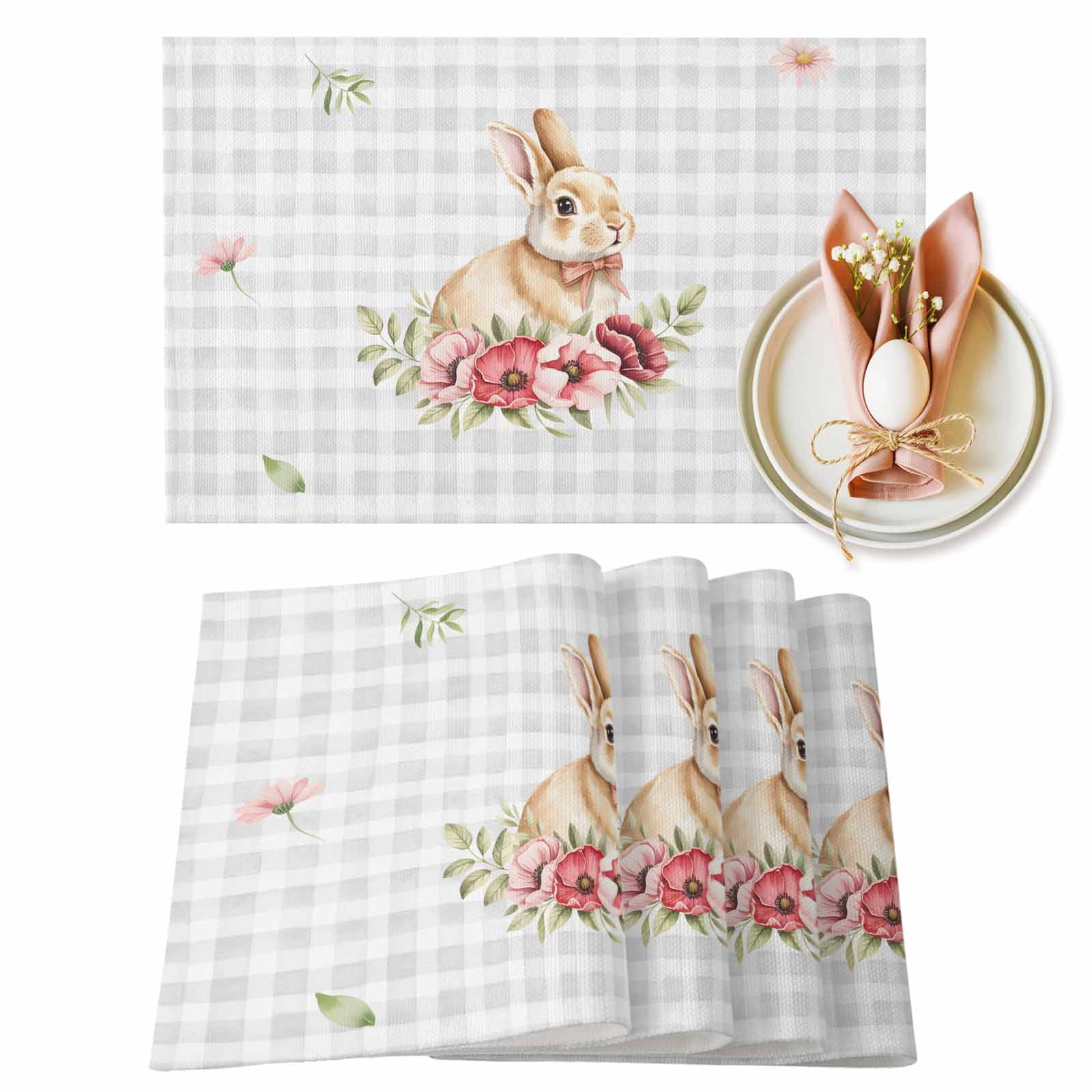 Pink Rabbit Mat Easter Rabbit Placemats Set of 1, Watercolor Spring Pink Red Floral ...
