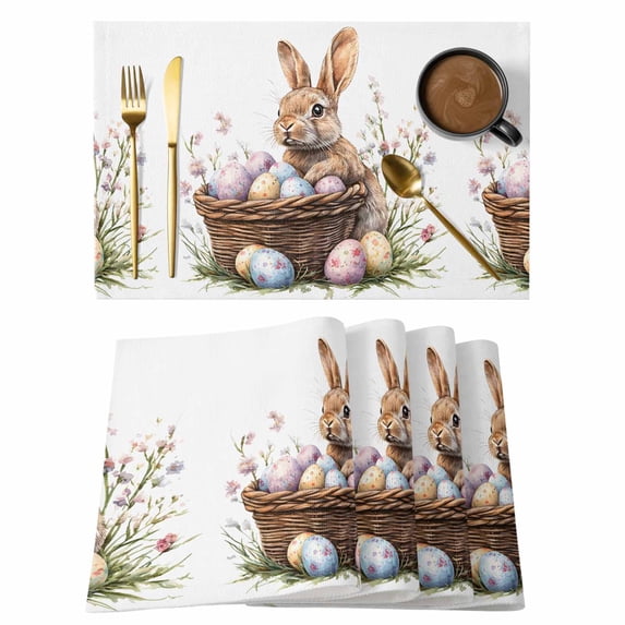 Easter Rabbit Placemats Set of 12, Vintage Basket Pink Blue Yellow Eggs Spring Flower Leaf Non-Slip Place Mats Washable Table Mats for Kitchen Dining Table Decorations Indoor/Outdoor
