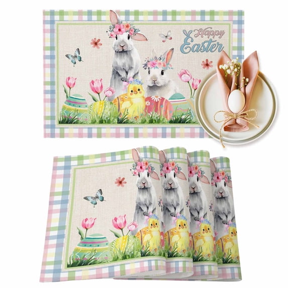 Easter Rabbit Placemats Set of 12, Watercolor Easter Egg Chicken Linen Texture Colorful Plaid Heat Insulated Linen Place Mats, Washable Stain-Proof Table Mats for Dining Table Holiday 13x19 Inch
